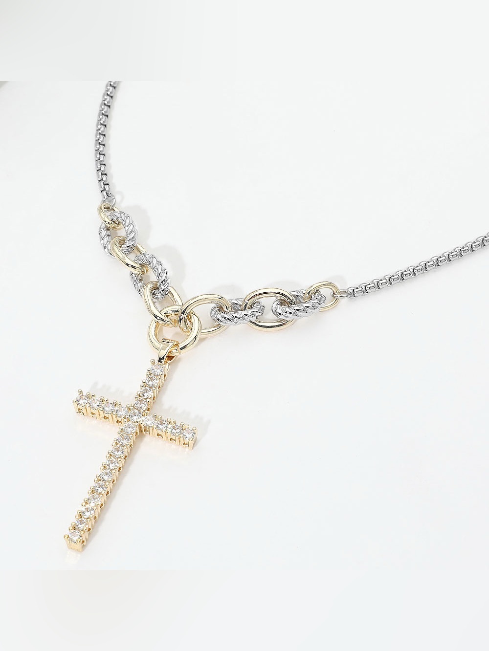 14K Gold Plated Two Tone CZ Cross Pendant Necklace